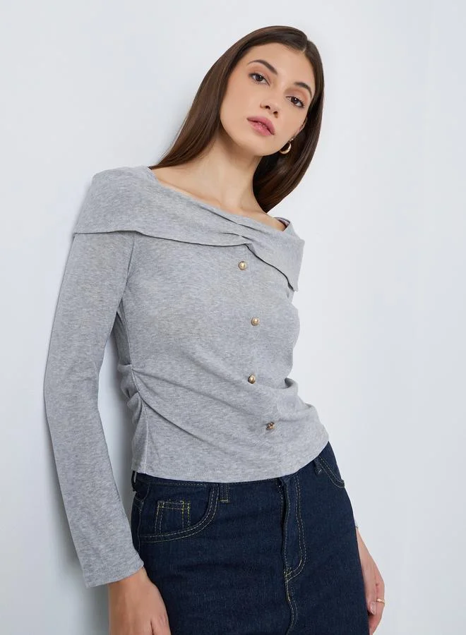 Styli Women Grey Long Sleeve Button Detail Top